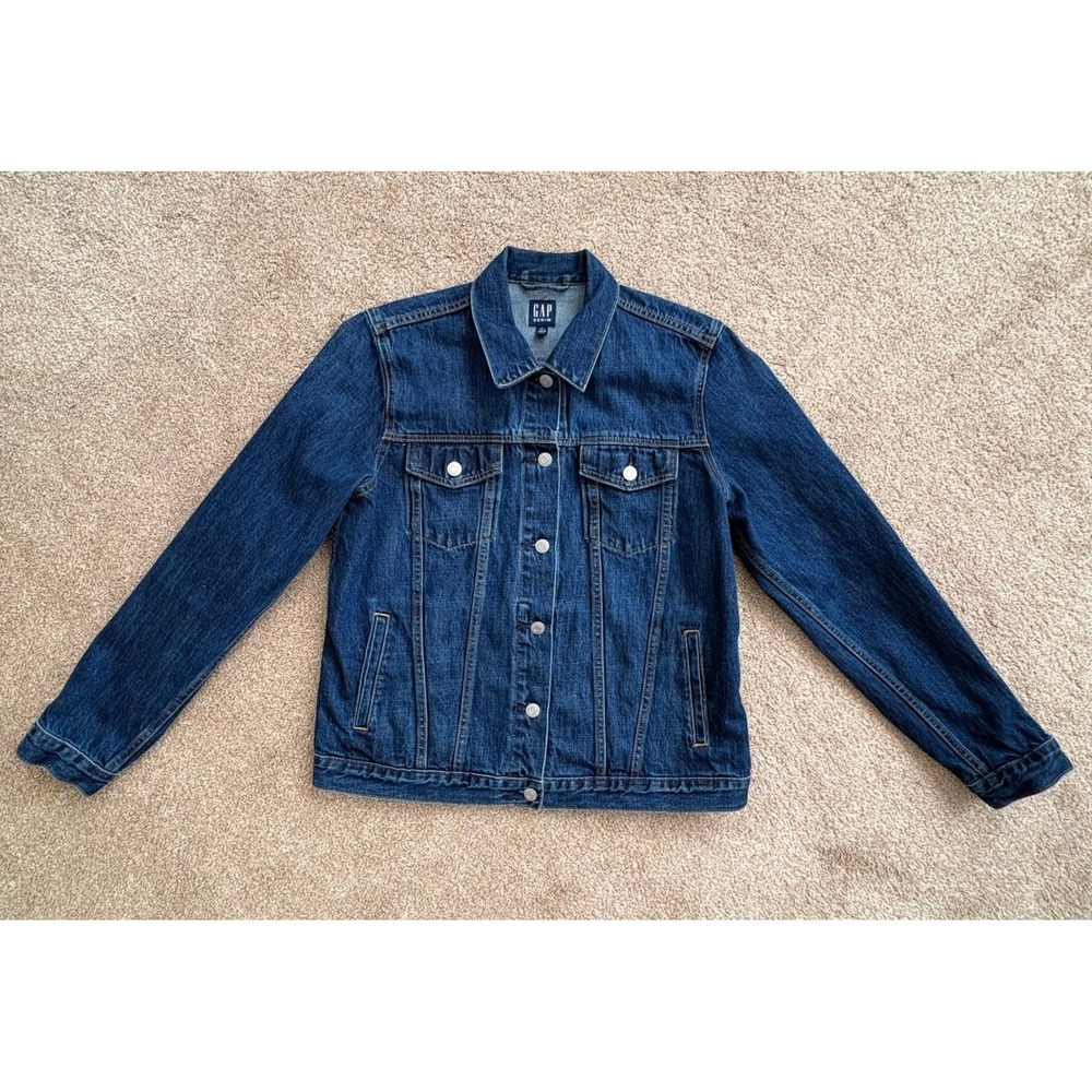 Gap Denim Jacket Ladies Large Tall Dark Wash Blue Cotton Trucker Jacket EUC - Picture 2 of 15